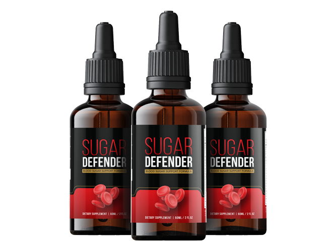 Three-bottle package of Sugar Defender liquid drops