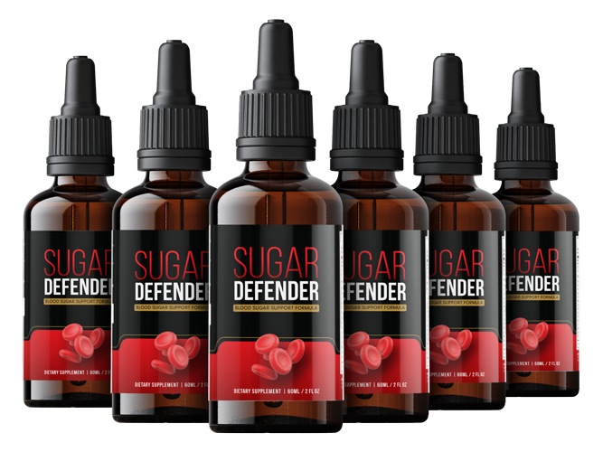Six-bottle package of Sugar Defender liquid drops