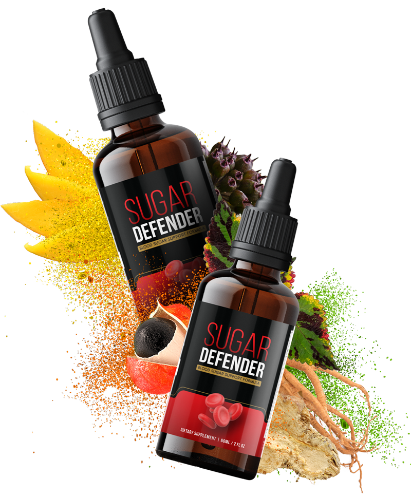 Two bottles of Sugar Defender liquid drops with fruit and botanical ingredients
